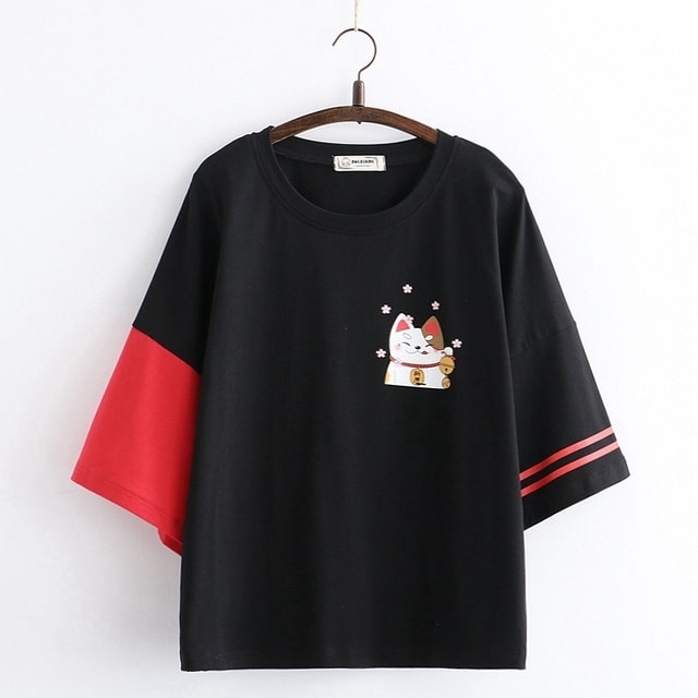 T-shirt à imprimé chat porte-bonheur japonais