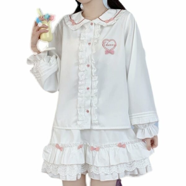 Kawaii Doll Collar Bow Embroidered Shirt
