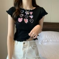 Dzianinowy podkoszulek Kawaii Love Heart Krótkie bluzki kawaii