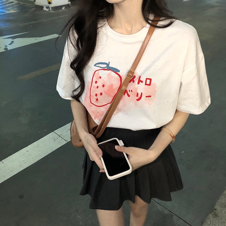 Kawaii Strawberry Printed Casual T-shirt