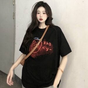 T-shirt décontracté imprimé fraise Kawaii kawaii à manches courtes