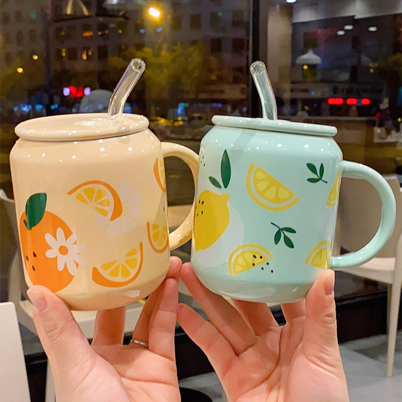 Cute Fruit Ceramic Cup Straw, Cute Strawberry Coffee Mug