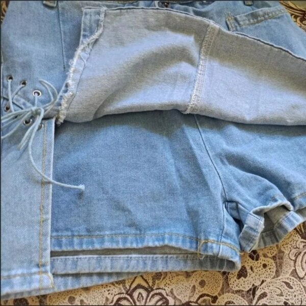 Saia jeans harajuku de cintura alta com cadarço e linha A Arco kawaii