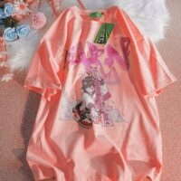 Camiseta holgada con estampado de chica anime kawaii dibujos animados kawaii