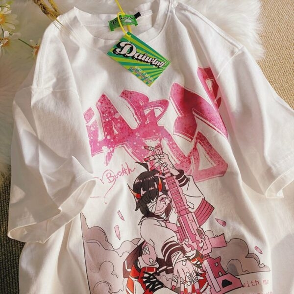 T-shirt allentata con stampa Kawaii Anime Girl