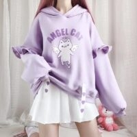 Angel Cat Purple Ruffle Sleeves Hoodie Korean kawaii