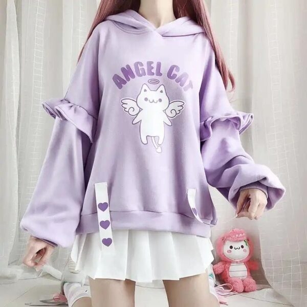 Angel Cat Purple Ruffle Sleeves Hoodie Korean kawaii