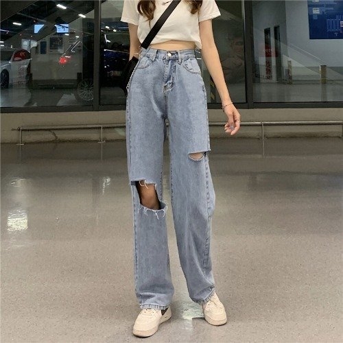 Buy Women Ripped Jeans Low Rise Cutout Baggy Straight Wide Leg Jeans  Fashion Denim Streetwear Pants, Black Solid, Large at