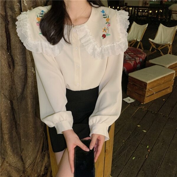 Mooie meisjes vintage blouse met lange pofmouwen Peter Pan Kraag kawaii