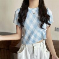 Kawaii Blue Diamond Check Freizeit-T-Shirt Kariertes Kleid kawaii