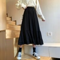 Solid Color Ruffle Mid-length Skirt Black Skirt kawaii