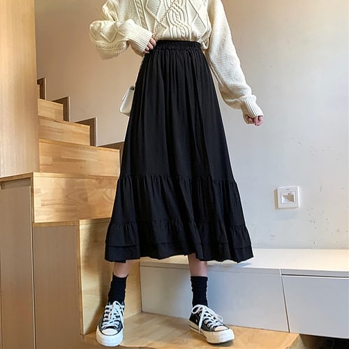 Solid Color Ruffle Mid-length Skirt - Kawaii Fashion Shop | Cute Asian ...