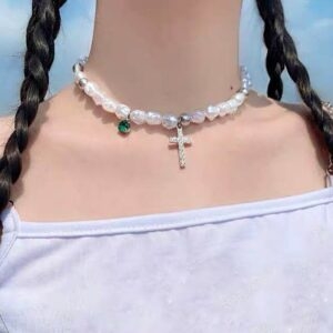 Collier de perles d'imitation irrégulières blanches, collier kawaii