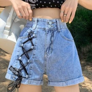 Koreaanse denim shorts met hoge taille en veters Denim shorts kawaii