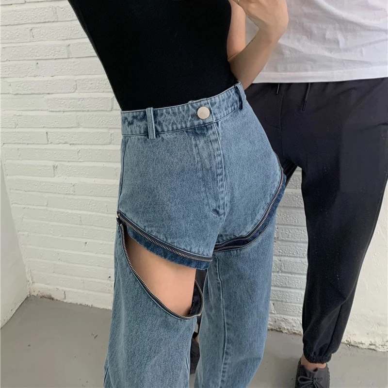 Detachable Leg Baggy Jeans, Y2K Women's Pants