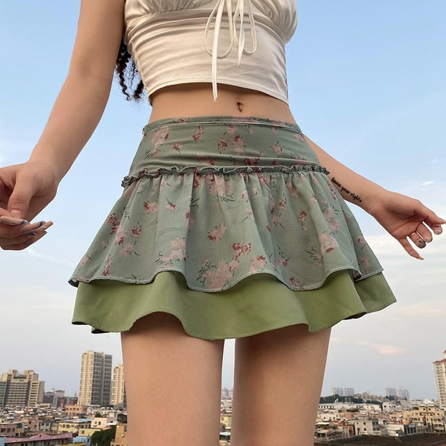 Двойная короткая юбка с цветочным принтом Kawaii