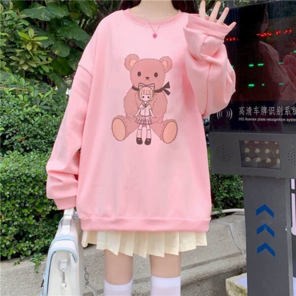 Söt Bear Printed Loose Sweatshirt björn kawaii