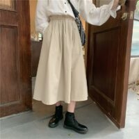 Falda larga de lino vintage de cintura alta Falda evasé kawaii