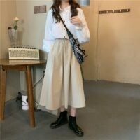 Vintage linne hög midja lång kjol A-line kjol kawaii