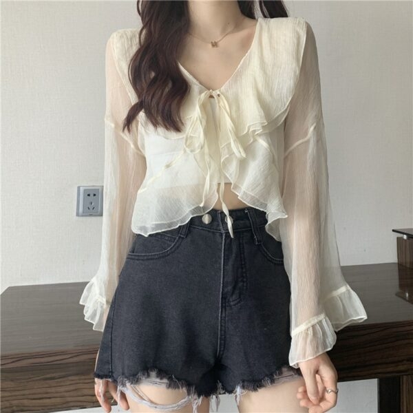White Ruffled Top - Long Sleeve Blouse - Bustier Top - Cute Top