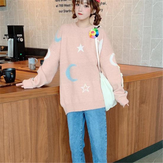 Свободный вязаный свитер Kawaii Moon Star