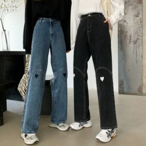 Calça jeans reta com emenda de coração kawaii Calça jeans kawaii