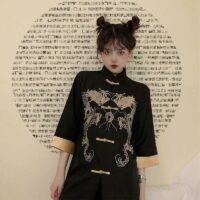Draak geborduurd Cheongsam-shirt met opstaande kraag Chinese kawaii