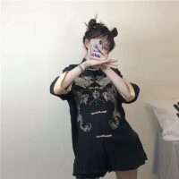 Draak geborduurd Cheongsam-shirt met opstaande kraag Chinese kawaii