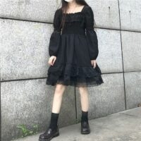 Mini vestido gótico de cintura alta negro de Lolita Vestido negro kawaii
