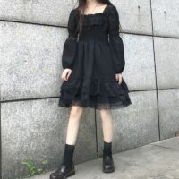 Lolita zwarte mini gotische jurk met hoge taille Zwarte jurk kawaii