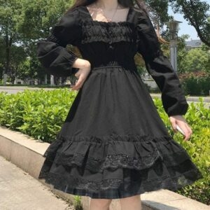 Черное мини-готическое платье Лолиты с высокой талией Черное платье каваи