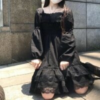Lolita Mini vestido gótico preto de cintura alta Vestido Preto kawaii