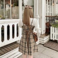 Vestidos vintage xadrez deslizantes Vestido de comprimento médio kawaii