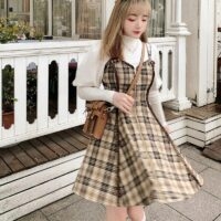 Vintage karierte Slip-Kleider Mittellanges Kleid kawaii