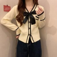 Cardigan con fiocco in doppio colore stile coreano Cardigan kawaii