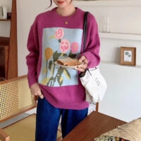 Blommig stickad tröja i koreansk stil Colorfaith kawaii