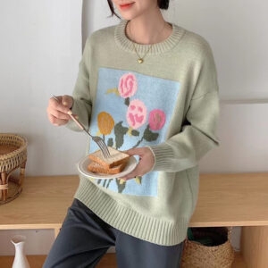 Pull en tricot à fleurs de style coréen