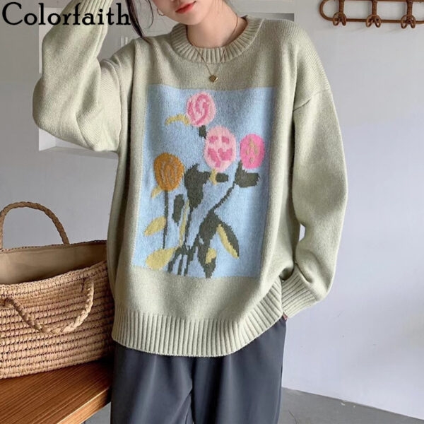 Pull tricoté à fleurs de style coréen Couleur kawaii
