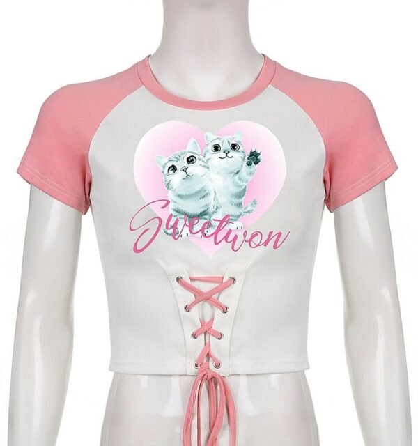 Kitties Printed Lace-Up Tops 3