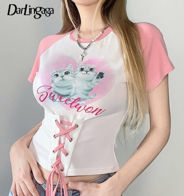 Kitties Printed Lace-Up Tops 5