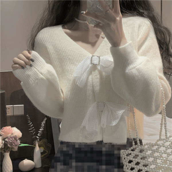 Korean Style Puff Sleeved Bowknot Cardigan Knitted kawaii