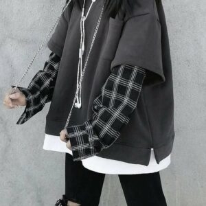 한국 패션 퓨어 컬러 스웨터 접합 격자 무늬 후드티 베이직 후드티 카와이