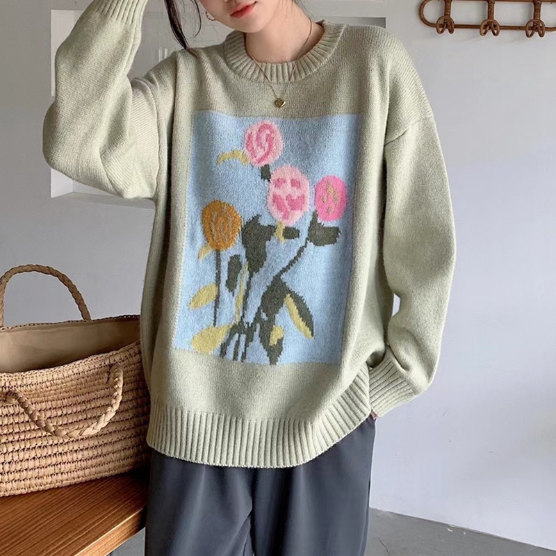 Sweter z dzianiny w koreańskim stylu w kwiaty
