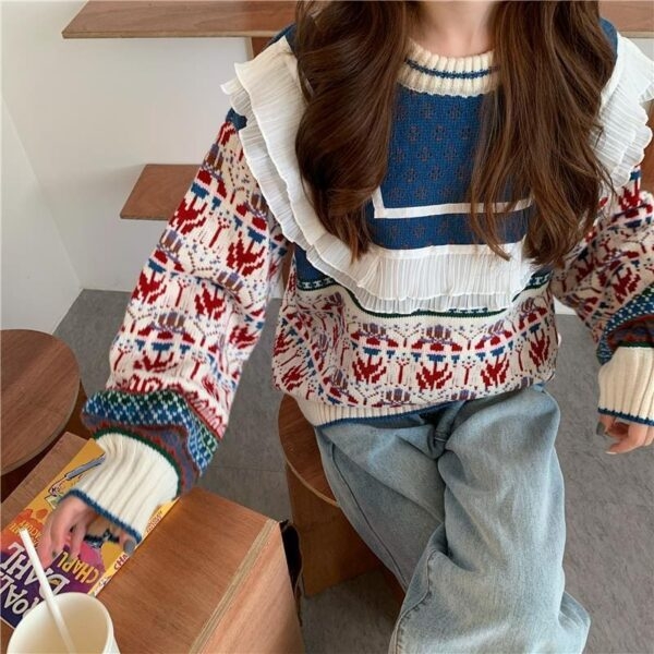 Dwukolorowy sweter Falbala w stylu Harajuku Koreańskie kawaii