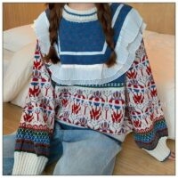 Dwukolorowy sweter Falbala w stylu Harajuku Koreańskie kawaii