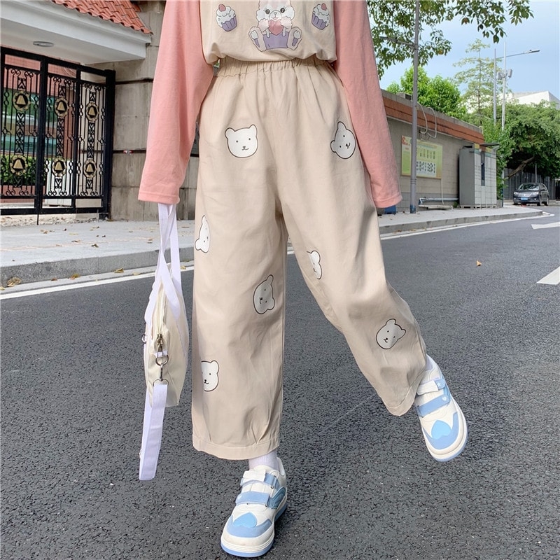Kawaii Bear Printed Pure Color Pants - Kawaii Fashion Shop  Cute Asian  Japanese Harajuku Cute Kawaii Fashion Clothing