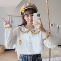 Zonnebloem geborduurd overhemd met Peter Pan-kraag Japanse kawaii