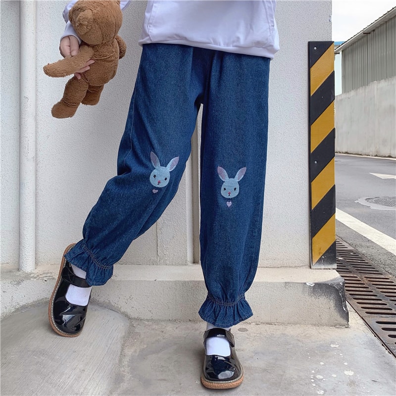 Japanese Lolita Women Kawaii High Waist Jeans Sweet Cartoon Bear Embroidery  Wide Leg Denim Pants Girly Clothing Loose Trousers - Pants & Capris -  AliExpress