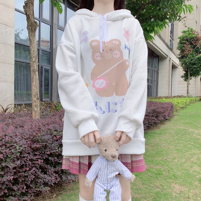 Fashion (Khaki)Japanese Kawaii Soft Girl Cute Bear Printing Women