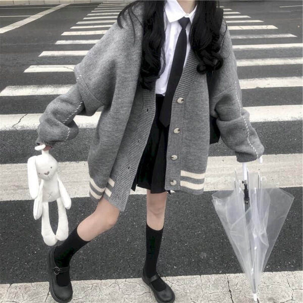 Manteaux amples à rayures et simple boutonnage Kawaii Kawaii japonais